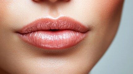 Fototapeta premium Lip Botox injections concept. Young woman getting beauty injection in her lips, doctors hand in gloves holding syringe with filler next to woman mouth. Banner background beauty procedure design