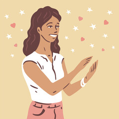 A young woman applaud. A gesture of approval, support, congratulation, and applause. Social life, work and relationships. Cartoon vector illustration