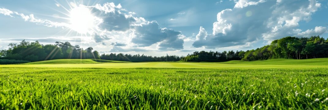A scenic golf course basking in the warm glow of the sun, with a blank banner space ideal for showcasing your brand or message. The image embodies relaxation, recreation, and natural beauty.