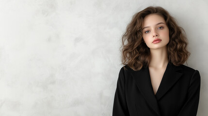Fototapeta premium Elegant young woman in a black blazer posing against textured light background for fashion photography