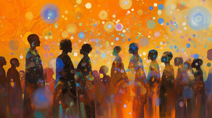 The vibrant colors and golden light highlight creativity, care for the community, and the role of art in shaping society