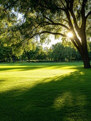 Obraz premium A serene urban oasis featuring an expansive baseball field nestled under the shade of a large, sunlit tree. The lush green grass and vibrant foliage create a peaceful atmosphere, perfect for relaxatio