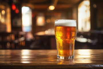 Craft Beer Haven: A frosty mug of golden beer beckons from a rustic wooden table, the warm glow of a bustling pub in the background. 