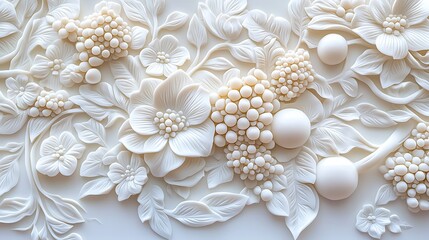 A white 3D floral relief pattern adorns a wall, adding texture and elegance.