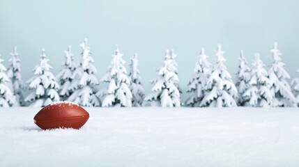 A single football rests in the snow on a frozen football field, surrounded by snow-covered pine trees, symbolizing winter sports, resilience, dreams, anticipation and a sense of solitude.