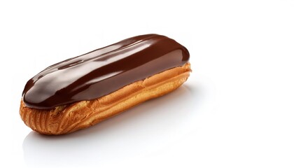 Traditional chocolate French custard eclair dessert isolated on a white background with copy space. Tasty colorful dessert pastry commonly sold in bakeries and donut shops