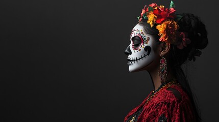 A side profile of a Mexican woman with sugar skull makeup, set against a minimalist dark grey background with soft, directional lighting