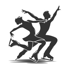 Silhouette of a couple performing figure skating dance on skateboard. Hand drawn black vector artwork.
