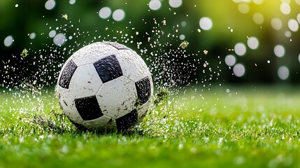 Naklejka premium Water splashes around a soccer ball on the grass, adding dynamic motion to the scene.