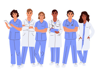 Team of doctors, group medical portrait. Set of diverse doctors characters. Male and female medical workers - doctors, physicians, paramedics, nurses isolated on white background.