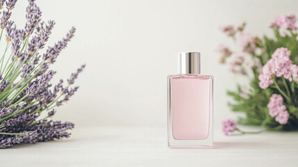 A bottle of lavender scent perfume on a clean white backdrop.