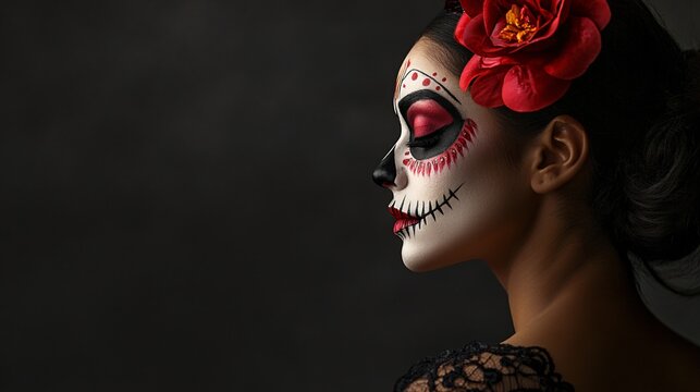 Side profile of a Mexican woman wearing La Catrina makeup, posed against a minimalist dark grey background, with subtle lighting creating depth