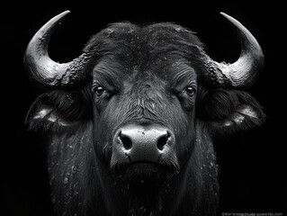 Naklejka premium A powerful black buffalo with imposing curved horns stands against a dark background, showcasing its strength and majesty through a monochromatic, high-contrast photograph.