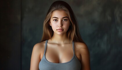 Young Woman in Simple Tank Top Posing Against Dark Background