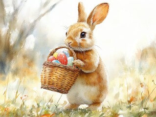 An adorable rabbit holds a wicker basket filled with variously colored and decorated Easter eggs, set against a springtime backdrop with soft lighting and flowers.