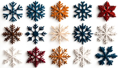 A collection of colorful snowflakes in various shapes, perfect for winter themes, holiday decorations, and artistic designs.