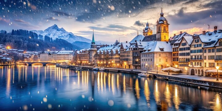 Heavy snow falling on the charming city of Lucerne, Switzerland on a serene winter night