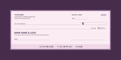 Blank bank check, checkbook cheque template or money payment paper voucher, vector mockup. Business or personal account cash pay cheque certificate or paycheck coupon from checkbook