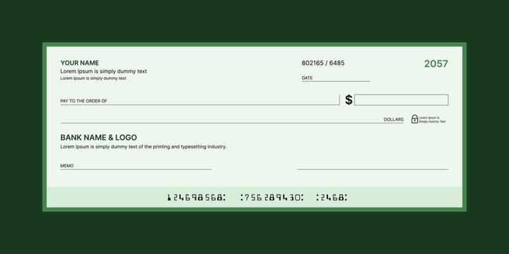 Blank bank check, checkbook cheque template or money payment paper voucher, vector mockup. Business or personal account cash pay cheque certificate or paycheck coupon from checkbook