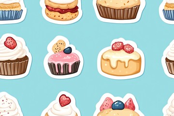 Colorful cupcake pattern on a blue background, perfect for dessert lovers and sweet-themed designs.