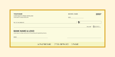 Blank bank check, checkbook cheque template or money payment paper voucher, vector mockup. Business or personal account cash pay cheque certificate or paycheck coupon from checkbook