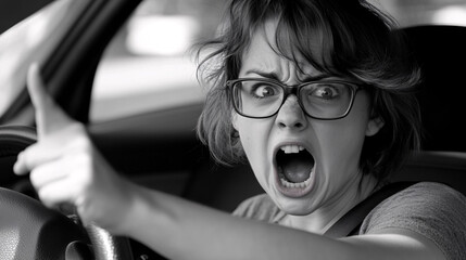 Angry driver shouting and pointing while sitting behind the wheel of a car, conveying road rage and frustration with an aggressive facial expression