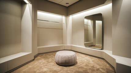 Empty fitting room with mirrors and a beige ottoman on a tiled floor. Minimalist design with neutral tones. Concept of modern interior design.