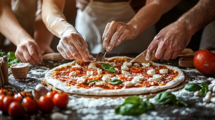 Pizza Making Hands Close Up Tomatoes Basil Homemade