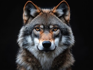 Obraz premium This stunning close-up image captures a wolf's intense gaze against a dark background, highlighting its majestic features and captivating expression.