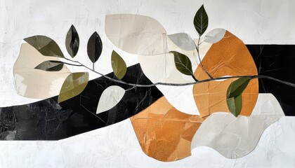 Abstract composition featuring leaves and organic shapes in a modern design, perfect for home decor and artistic inspiration.