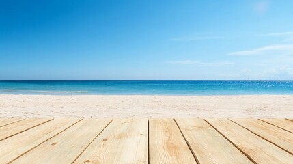 Fototapeta premium A wooden plank on a sunny beach with clear blue sky and turquoise ocean water, ideal for showcasing products or representing summer vacation, relaxation, and tropical getaway.