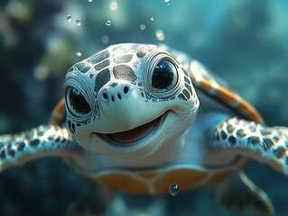 A cheerful sea turtle enjoying its swim in the clear blue ocean, highlighting its green and white shell patterns. Ideal for wildlife and nature lovers.