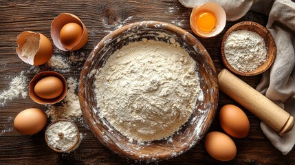 Baking Ingredients  Flour  Eggs  Rolling Pin on Wooden Table