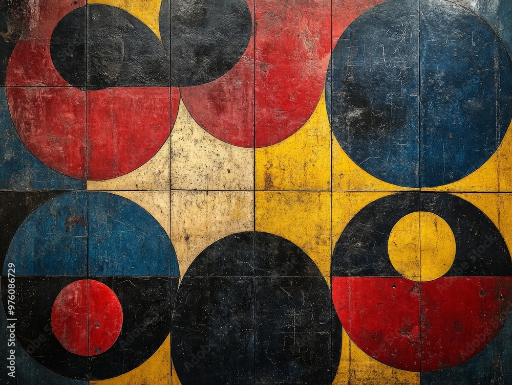 Poster This image features a rich geometric pattern combining colorful circles and squares in hues of red, yellow, blue, and black, arranged in a grid structure.