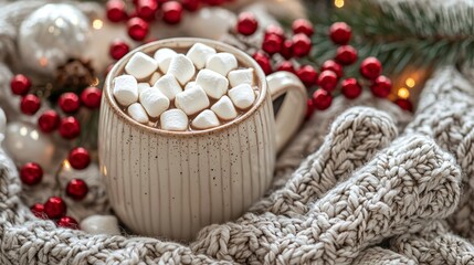 Cozy Winter Hot Chocolate with Marshmallows and Knit Blanket