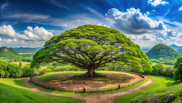 Panoramic view of a stunning nature landscape with a giant monkey pod tree in Kanchanaburi, Thailand, a famous tourist attraction in Asia