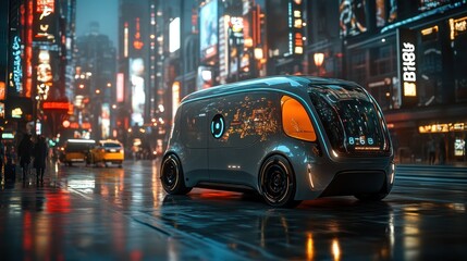 A futuristic electric delivery van in a vibrant cityscape with metallic gray and electric cyan accents.