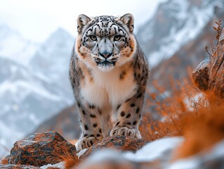 Obraz premium A majestic snow leopard stands poised on rocky terrain, with a backdrop of snowy mountains, capturing its powerful presence and the serene beauty of its natural habitat.