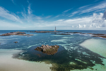 Aerial view of the Phare de l'île Vierge, lighthouse in Brittany, France