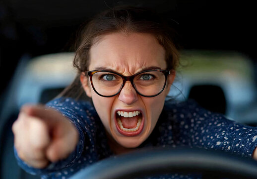 Angry driver shouting and pointing while sitting behind the wheel of a car, conveying road rage and frustration with an aggressive facial expression