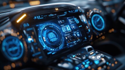 Fototapeta premium A smart car dashboard with a touch interface showing energy consumption and vehicle status in a modern interior.