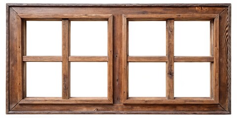 Stock photo of an old brown wooden window frame with four sashes, isolated on background