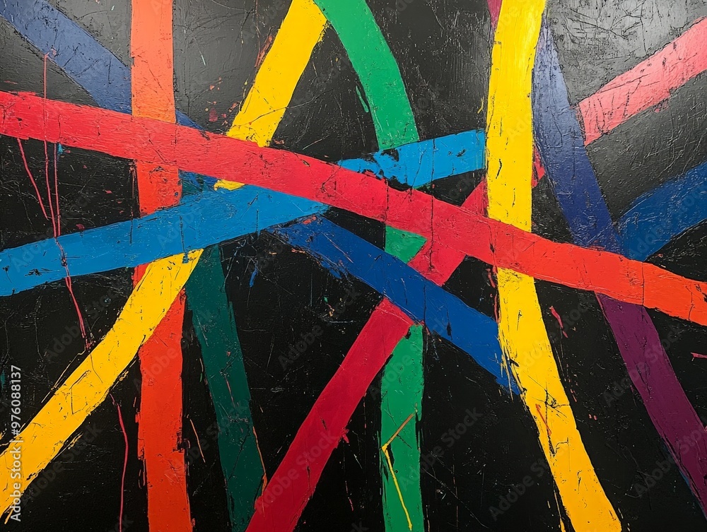 Poster A bold abstract painting characterized by colorful intersecting lines on a black background, showcasing the dynamic and vibrant nature of modern abstract art.