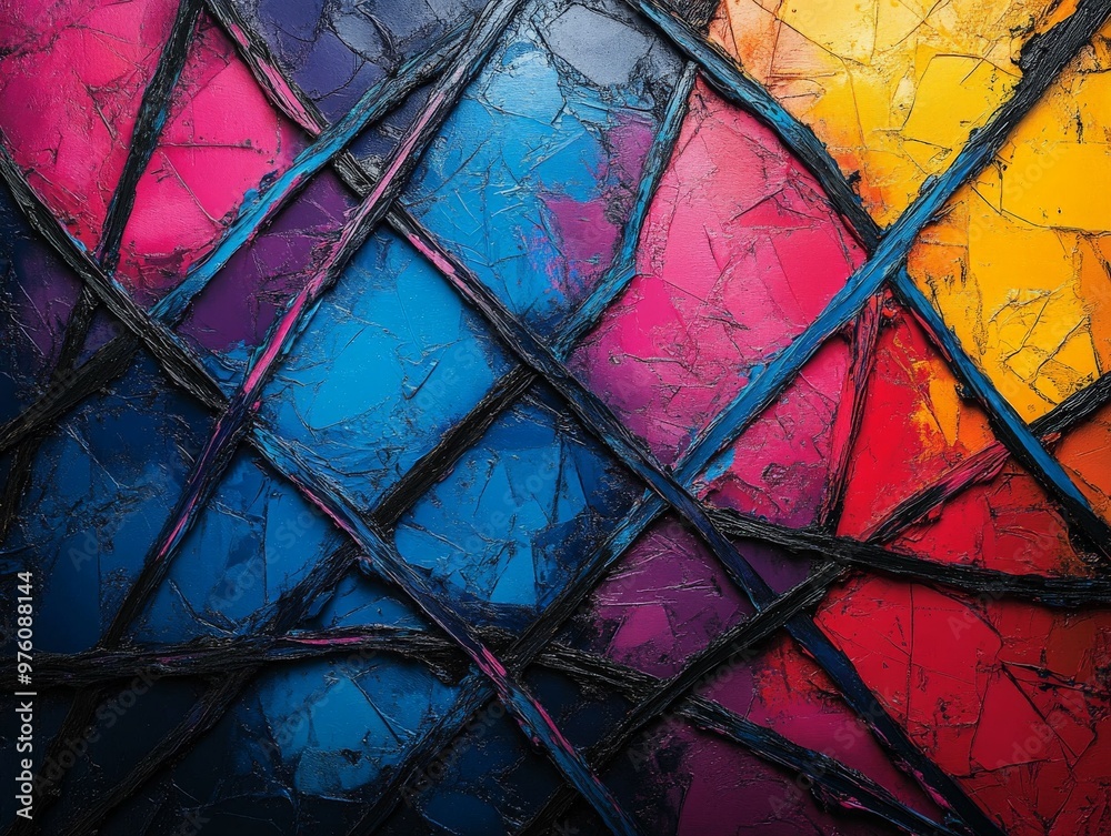 Aufkleber A visually striking abstract artwork featuring textured surfaces with intersecting lines in bold colors such as blue, red, and yellow, evoking emotion and modernist influences.