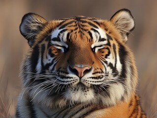 Naklejka premium Close-up image focusing on a tiger's ears and fur, with a blurred background that emphasizes the texture and detail of the tiger's fur, showcasing nature's marvel.
