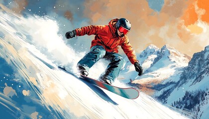 Reader on the snowboard in the mountains, dynamic, disign for t-shirt