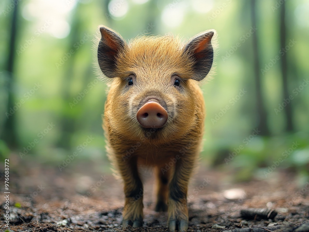 Poster a boar is captured standing within a forest with a background full of fresh green leaves, emphasizin