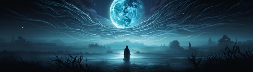 Fototapeta premium A mysterious illustration of a spectral figure appearing under the moonlight