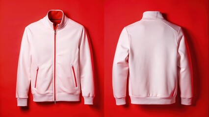 Realistic front and back mockup of a jacket, displayed on a soft pastel color background, perfect for apparel design showcase