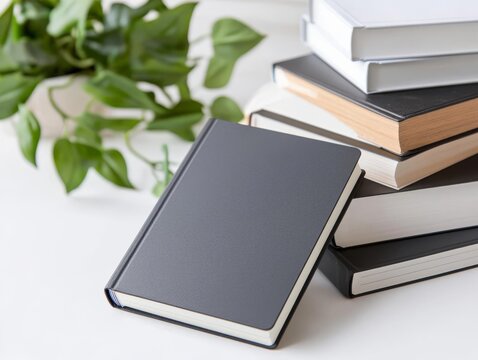 Hardcover journal with a sleek matte cover and a stack of other books in the background, showing versatility in book design concepts